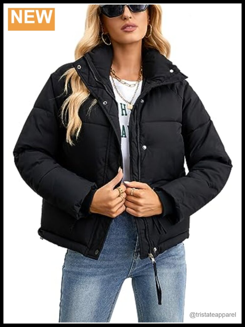 Womens Cropped Puffer Jacket Full Zip Quilted Winter Coat with Pockets